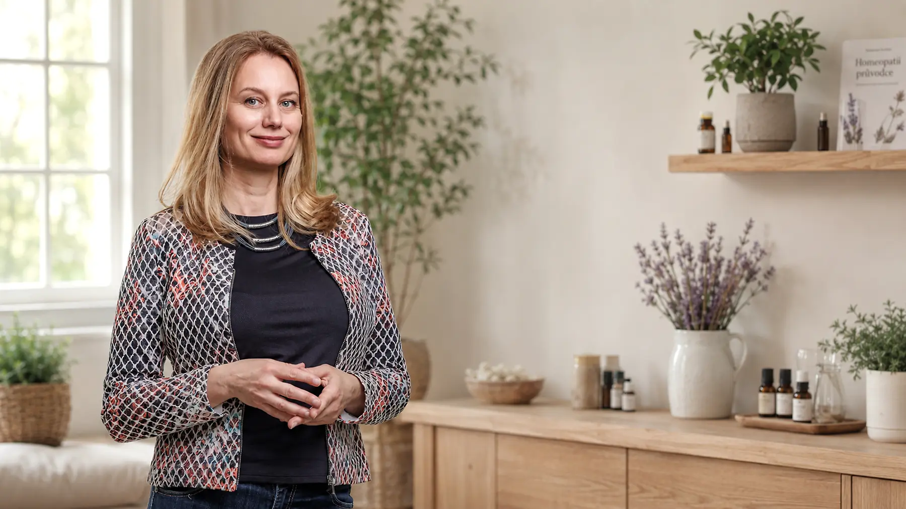 Business portrét a oblečení na focení v Praze – žena v elegantním saku v přirozeném interiéru